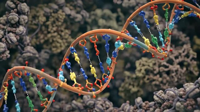 Dna molecule, complex deoxyribonucleic acid structure, spiral helix, genetic information, biological code, chemical composition, scientific research, medical development, cellular function.
