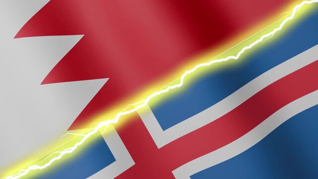 Two waving flags Bahrain and Iceland with diagonal lightning seamless, 4k loop