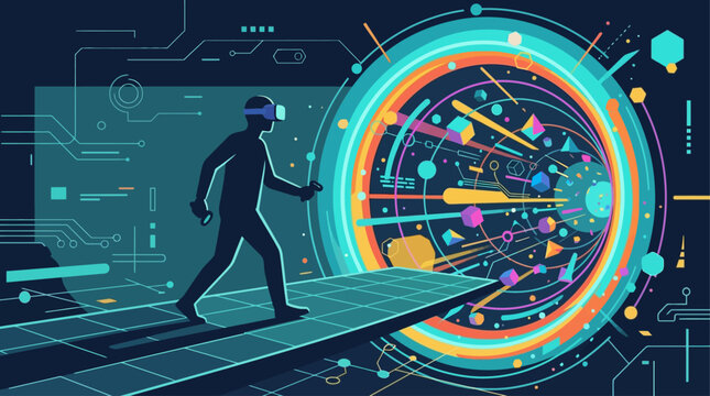 This flat design illustration depicts a human silhouette with a VR headset stepping into a vibrant, abstract digital portal, symbolizing entry into the metaverse and immersive virtual experiences.