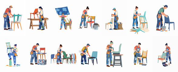 Fototapeta premium Collection of Illustrative Flat Characters Working on Furniture Restoration, Repairing, and Upholstering Chairs in Various Poses and Using Different Tools