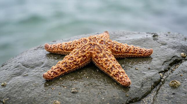 Close-up of a textured starfish on a wet rock with blurred ocean background