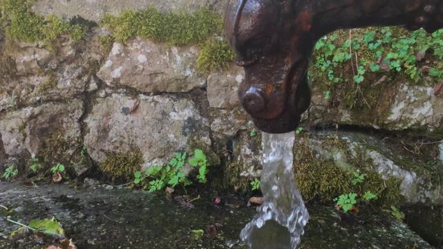 View of water flowing from a weathered stone fountain spout shaped like a dragon head against a mossy rock wall in Hallstatt, Upper Austria, Austria.