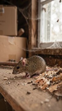 Deer mouse, small rodent, inhabiting dusty abandoned shed, demonstrating hantavirus transmission potential from dried droppings, amidst old wooden debris near dirty window, showing natural pathogen .