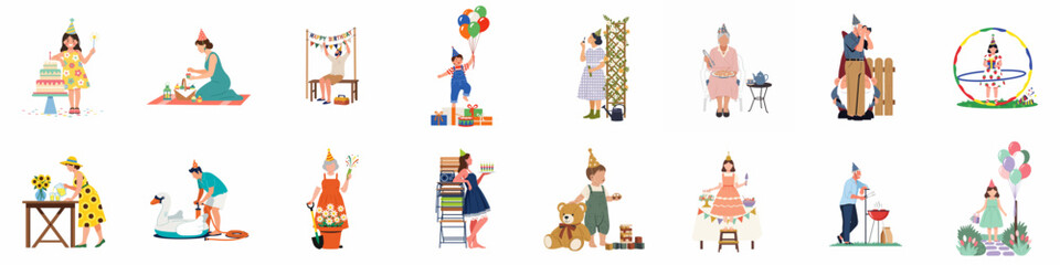 Fototapeta premium Collection of flat vector illustrations featuring diverse people celebrating birthdays, gardening, and enjoying festive moments with pets and decorations.
