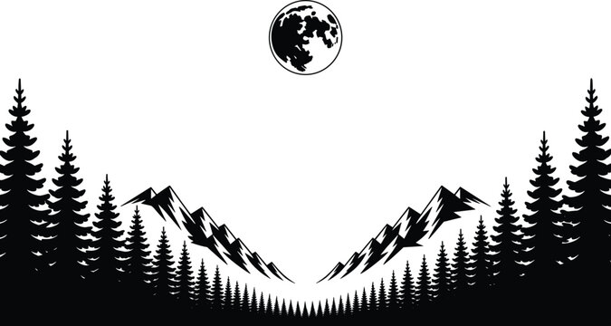 Black and white of a mountain range with pine trees and a crescent moon
