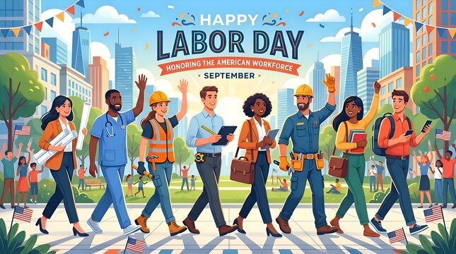 Happy Labor Day diverse workers walking parade, honoring workforce, American flags, city background