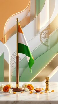 Indian national flag waving gently, celebrating India's independence day on August 15, decorated with orange marigold flower, burning clay oil diya, golden state emblem.