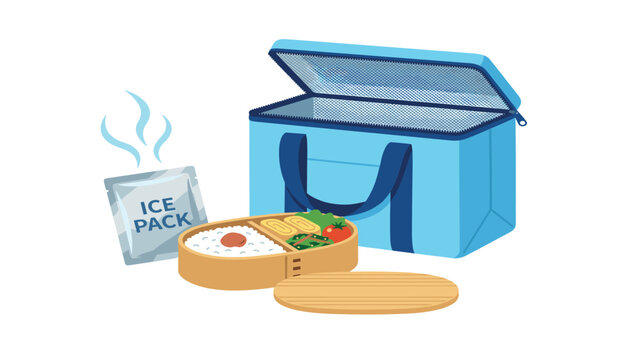 Japanese bento box vector illustration featuring traditional wooden lunch box, opened blue insulated cooler bag, cold cooling gel ice pack