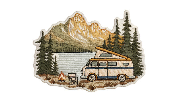 Vintage embroidered van life patch, classic retro camper van parked beside a mountain lake surrounded by pine trees, small camp chair and campfire nearby, detailed thread embroidery, woven textile tex