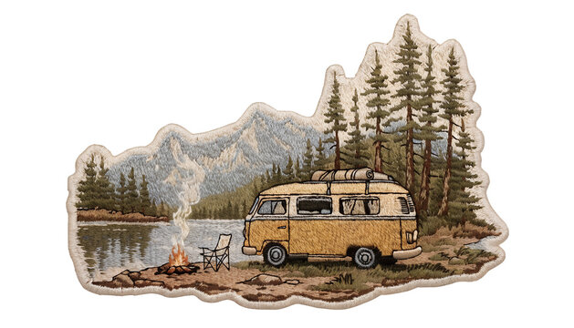 Vintage embroidered van life patch, classic retro camper van parked beside a mountain lake surrounded by pine trees, small camp chair and campfire nearby, detailed thread embroidery, woven textile tex