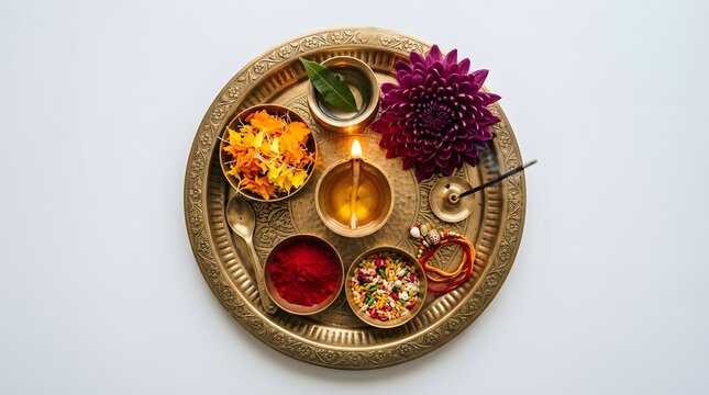 Traditional brass puja thali with flowers and diya isolated on white background