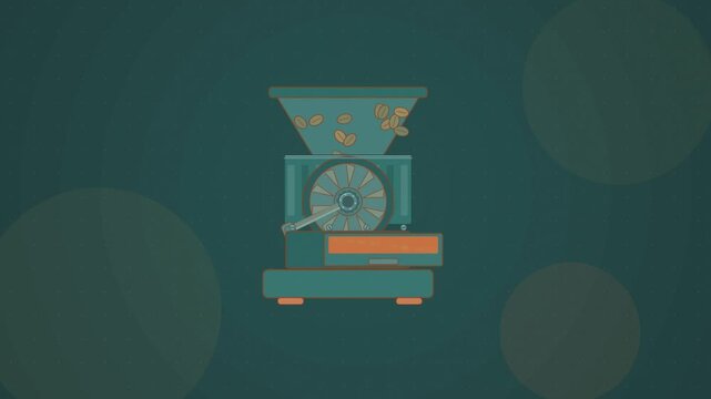 Abstract animated beans grinding down in a burr grinder drawn as cyan and teal lines and shapes on a deep dark background. Seamless looping 4K motion graphics video with free space for text, ideal for