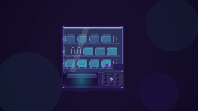 Abstract animated vending spiral releasing a snack drawn as blue and cyan lines and shapes on a deep dark background. Seamless looping 4K motion graphics video with free space for text, ideal for titl