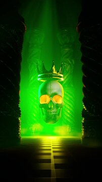 3D Render of Crowned Skull with Glowing Eyes Floating Between Gothic Pillars Under Green Light