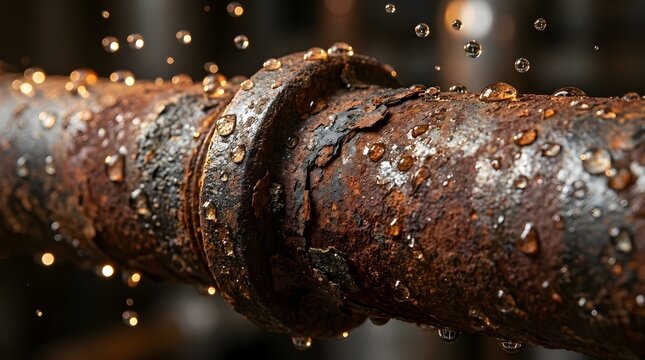 Macro shot of clear water droplets splashing on a heavily rusted industrial metal pipe featuring detailed corrosion and weathered textures.