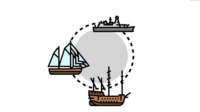 Various types of water vessels are depicted, featuring a sailing boat, an old wooden ship, and a modern military destroyer, the progression of naval architecture