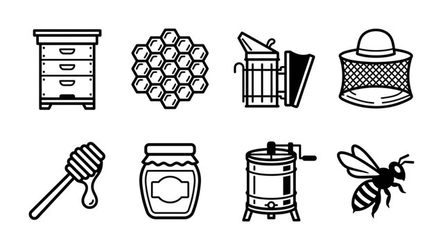 Beekeeping Icon Set: A collection of clean, vector-style icons representing essential beekeeping tools and elements, including a hive, honeycomb, smoker, veil, honey dipper, honey jar, extractor.