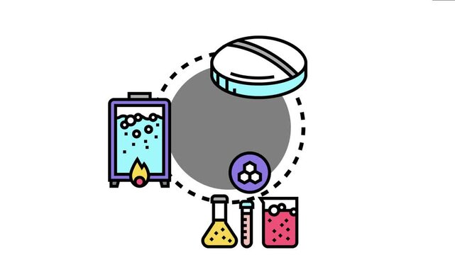 Laboratory equipment and chemical substances are involved in developing new pharmaceutical compounds, indicating a scientific process for drug manufacturing and medical innovation