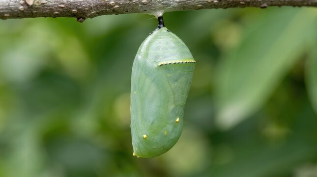 Butterfly chrysalis hanging from a thin wooden branch, demonstrating natural metamorphosis, showing shiny golden spot on green protective shell, visualizing biological transformation of monarch insect