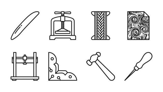 Bookbinding Tools: A collection of illustrated icons representing essential tools for bookbinding, including a bone folder, press, thread, decorative paper, and finishing tools.