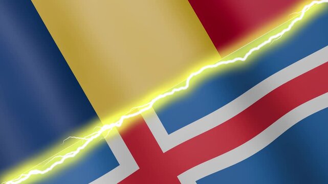 Two waving flags Chad and Iceland with diagonal lightning seamless, 4k loop