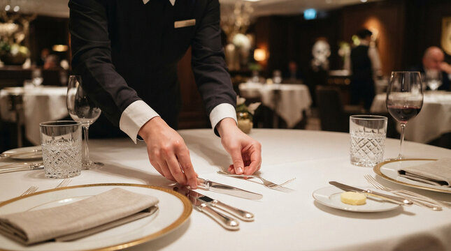 Fine Dining Table Setting by Professional Waiter in Luxury Restaurant
