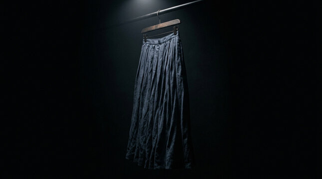 Long dark pleated skirt on hanger under spotlight