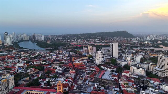 Aerial view of Cartagena, a port city on Colombia&rsquo;s Caribbean coast. By the sea is the walled Old Town, founded in the 16th century
