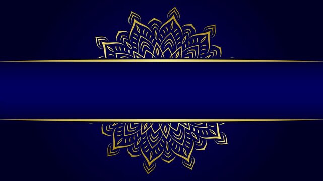 Luxury dark blue animation background with rotating golden mandala ornaments, horizontal frame, copy space for motion graphic invitation event