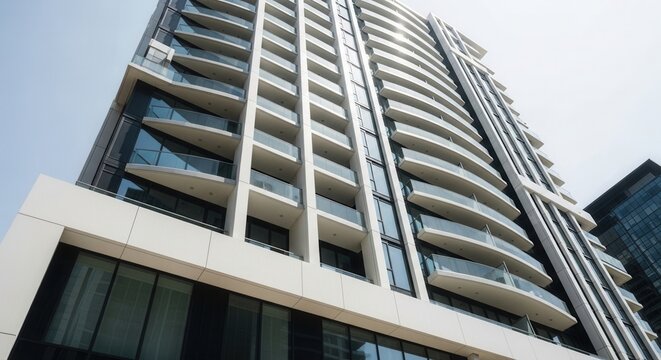 Modern High Rise Residential Tower With Curved Balconies In Sunlight