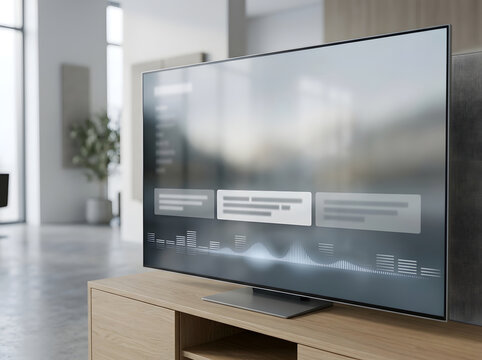 Modern smart television with graphical user interface displaying options on screen standing on wooden cabinet inside contemporary living