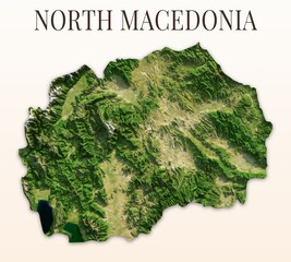 North Macedonia Shaded Relief Map. Hillshaded physical terrain map illustration. Light background with title. Illustration elements derived from NASA Imagery and NASADEM Global Elevation Model. © Eugene Ga