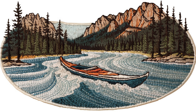 Vintage embroidered kayaking patch, colorful kayak gliding across a winding mountain river surrounded by pine forest and rocky peaks, detailed layered thread embroidery, textured woven fabric, raised 