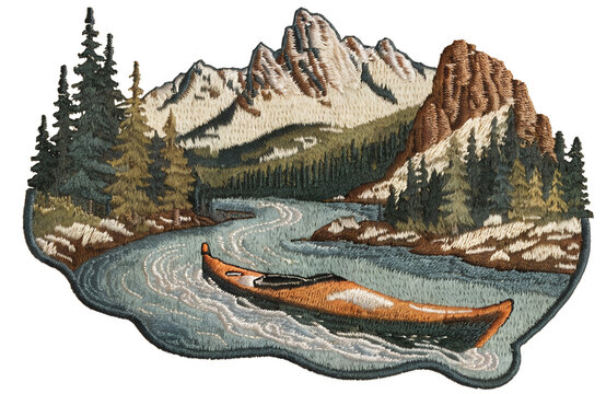 Vintage embroidered kayaking patch, colorful kayak gliding across a winding mountain river surrounded by pine forest and rocky peaks, detailed layered thread embroidery, textured woven fabric, raised 