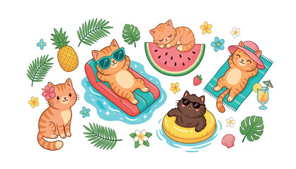 Naklejka premium Cute summer cats vector illustration collection featuring kittens relaxing on pool floats, watermelon slice, tropical leaves, beach towel on white background