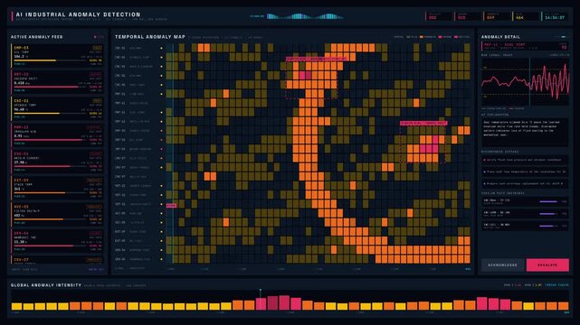 A 3840x2160 AI industrial anomaly detection dashboard displaying real-time vibration, temperature, and pressure monitoring with color-coded severity alerts and interactive drill-down analysis.