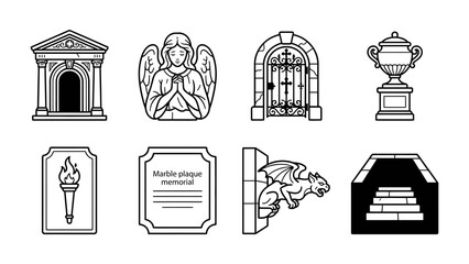Fototapeta premium Cemetery Icons Collection: A striking collection of monochromatic vector icons depicting various elements of a cemetery, including a mausoleum, angel statue, ornate gate, urn, torch, memorial plaque.