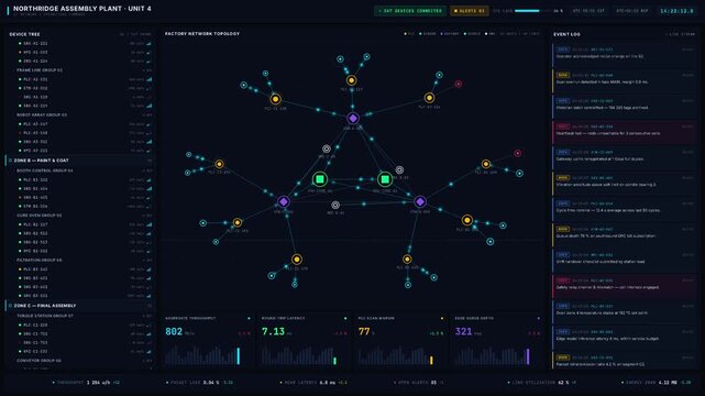 Ultra-high-resolution connected factory operations dashboard with live network topology graph, device management tree, and real-time event logging in a sleek industrial command center interface.