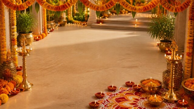 Festive Diwali border with rangoli diyas and marigold garlands