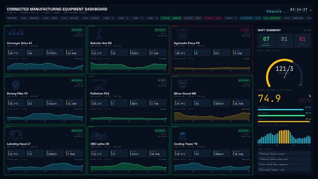 High-tech industrial equipment monitoring dashboard displaying connected machines in a sleek 3840x2160 grid with real-time status updates and animated KPI visualizations.
