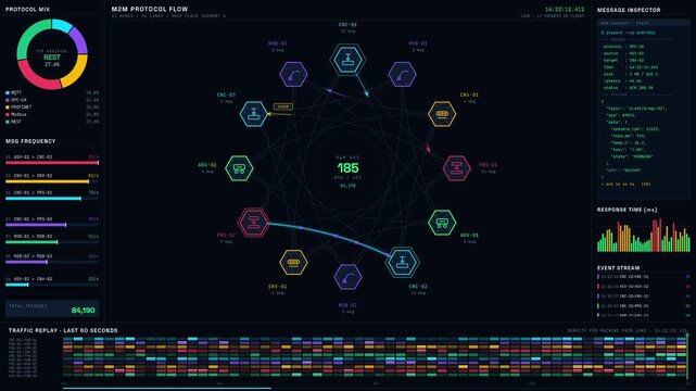 Ultra-high-definition M2M communication dashboard showcasing animated factory machine protocol flow with real-time analytics and JSON inspector. professional stock footage for technology, business,.