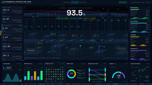 Cinematic futuristic Industry 4.0 factory dashboard with glowing holographic overlays, autonomous systems, and deep space starfield background in ultra high definition.