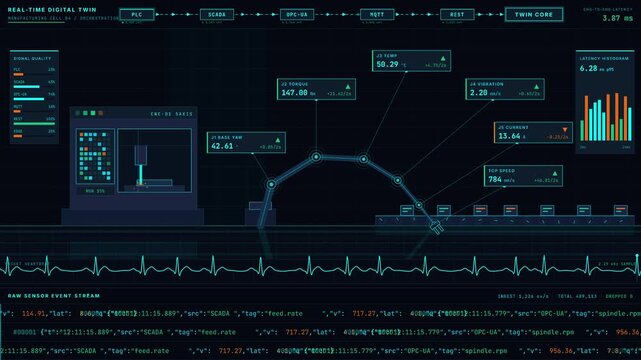 Ultra-high-definition real-time digital twin dashboard for smart manufacturing with CNC and robotic arm in 4K HDR. professional stock footage for technology, business, and editorial use.