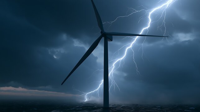 A powerful lightning strike hits near a large wind turbine during a severe night thunderstorm.