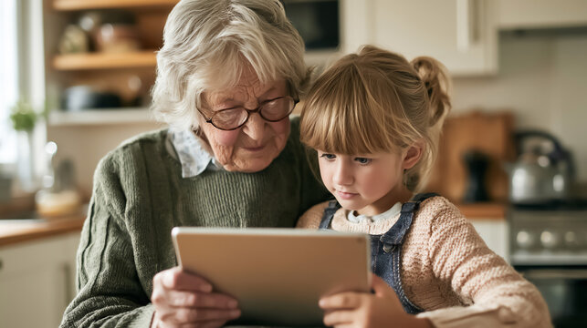 Generational bonding: senior woman and a little girl sharing a screen on a modern device. Ai gen.
