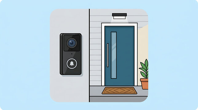 A sleek smart video doorbell with an integrated camera and a prominent call button, thoughtfully installed next to a contemporary blue front door