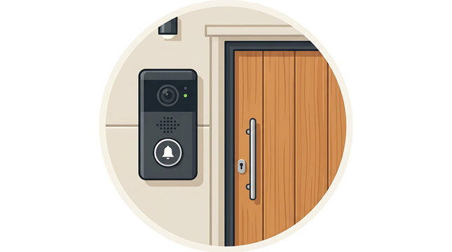 A sleek black video doorbell with a silver bell button mounted on a light wall next to a modern wooden front door, showing a smart home security system at an entrance.