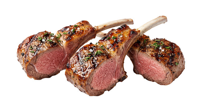 Grilled lamb chops with herbs, roasted rack of lamb cutlets on white background, gourmet cooked red meat for restaurant menu