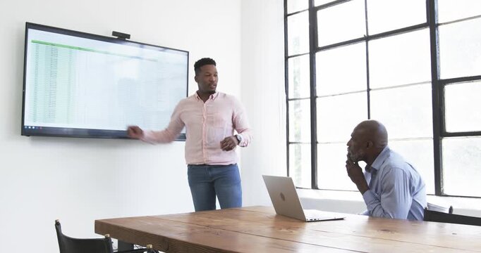 Lifestyle videos indoor of people doing activities at office, presenting data on screen, man explain