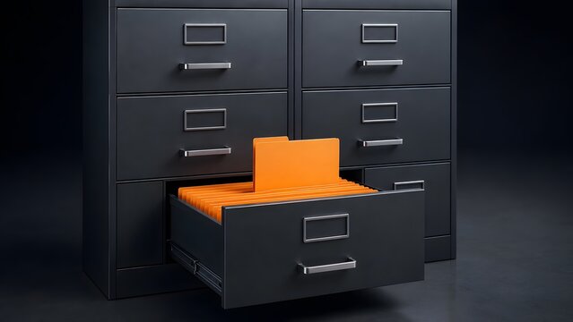 Office filing cabinet drawer open with bright orange folders organizing physical document administration and corporate archiving